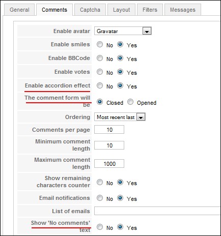 RSComments! Configuration tab